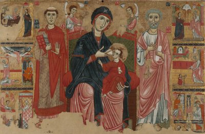 Virgen y Niño entronizados con los santos Leonardo y Pedro y escenas de la vida de San Pedro, c.1280 de Master of the Magdalen